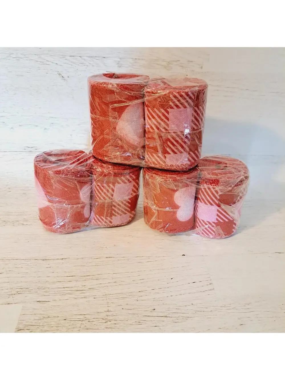 6 Rolls of Wired Valentines Ribbon Plaid & Red Hearts 2.5